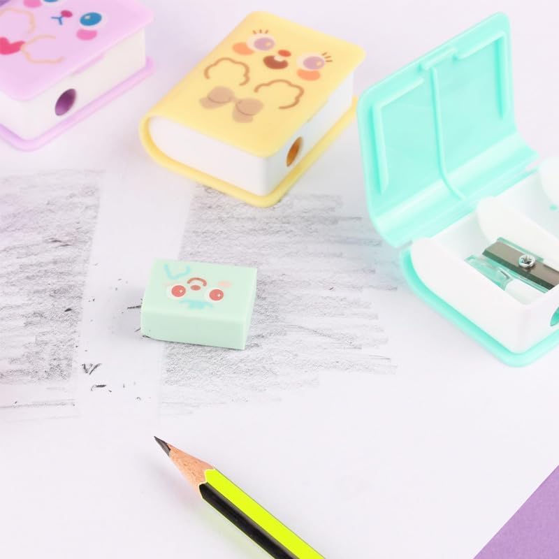 Katartizo 4Pcs Cute Dual Purpose Book Pencil Sharpener Eraser, Cute Cartoon Student Eraser Pencil Sharpener - Image 2